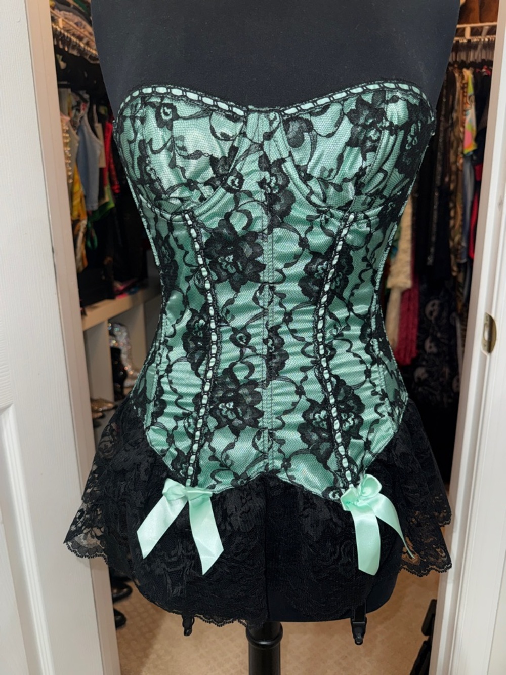 Frederick's of Hollywood Mint Green and Black Lace Bustier Corset